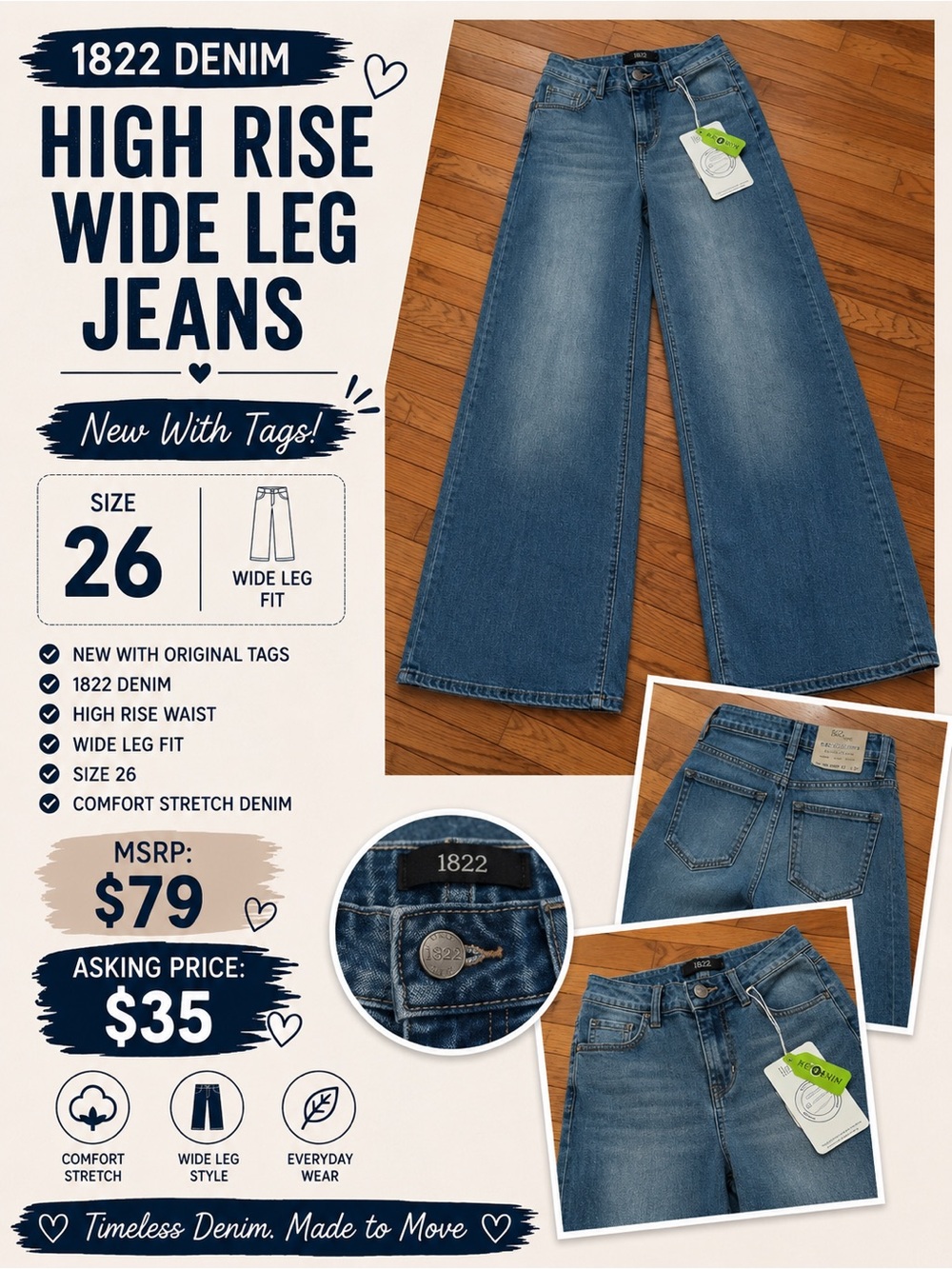 1822 Denim Wide Leg Jeans in Medium Blue Wash - Picture 1 of 1